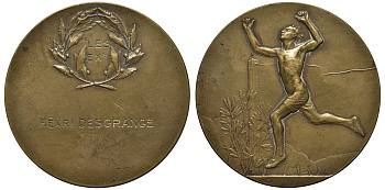 ФРАНЦИЯ СПОРТИВНАЯ МЕДАЛЬ ND ЗА ПОБЕДУ В БЕГЕ, ДИАМЕТР 50 ММ. ВЕС 48 ГР., АНРИ ДЕ ГРАНЖЕ бронза 1093-3-31