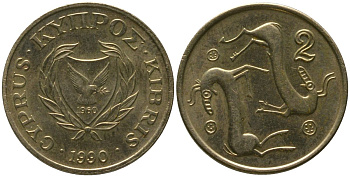Кипр 2 цента 1990 KM 54.2 никель латунь 4158-257