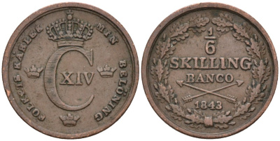 Швеция 1/6 скиллинга 1843 Карл XIV Юхан (1818-1844) KM 639 медь 188-1222