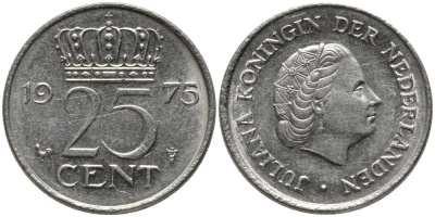 Нидерланды 25 центов 1975 Юлиана (1949-1980) KM 183 никель 112-746