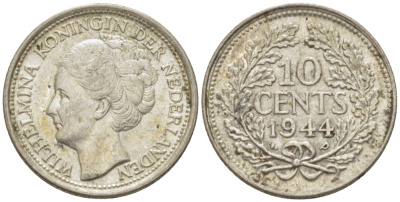 Нидерланды 10 центов 1944 Вильгельмина (1890-1948) KM 163 серебро aUNC 66-1242