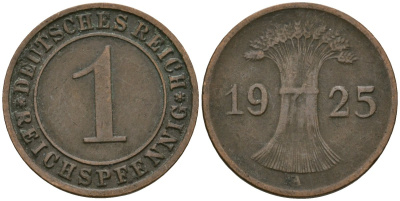 Германия 1 рейхспфенниг 1925 A KM 37, J. 313 бронза 4189-1064