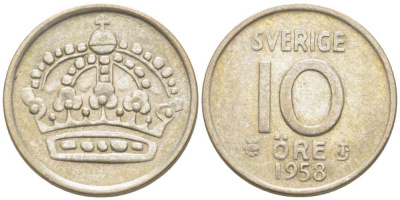 Швеция 10 эре 1958 TS, Густав VI Адольф (1950-1973) KM 823 серебро 116-1217