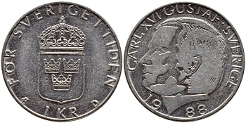 Швеция 1 крона 1988 Карл XVI Густав (1973- ) KM 852a медно-никель 4398-1216