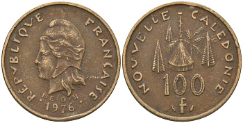 Французская Новая Каледония 100 франков 1976 хижина среди сосен и пальм, (IEOM) KM 15, Schoen 16, Lec 130 никель бронза 88-146
