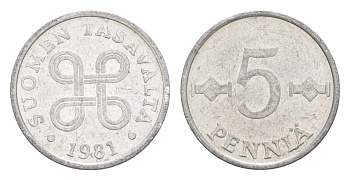 Финляндия 5 пенни 1981 редкий год KM 45a алюминий 4647-314