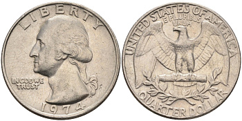 США 25 центов (квотер) 1974 Вашингтон KM 164a медь плакированная медно-никелем 4584-1036