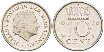 Нидерланды 10 центов 1976 Юлиана (1948-1980) КМ 182 никель 211-1223