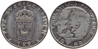 Швеция 1 крона 1988 Карл XVI Густав (1973- ) KM 852a медно-никель 4398-1216