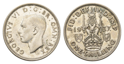 Великобритания 1 шиллинг 1937 Георг VI (1936-1952), Шотландский герб KM 854, Spink 4083 серебро 4691-911