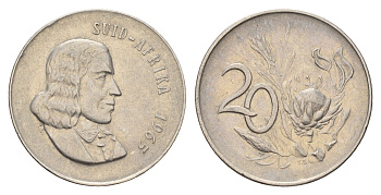 ЮАР 20 центов 1965 Ян ван Рибек (1619-1677), Suid Africa, легенда на африкаанс, цветок протея KM 69.2 никель 4671-1033