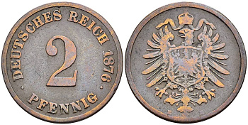 ГЕРМАНИЯ 2 ПФЕННИГА 1876 E, СТАРОГЕРБОВКА KM 2, Jager 2, Weege 3 медь 4546-615