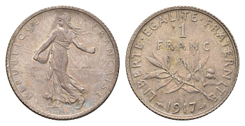 Франция 1 франк 1917 KM 844 серебро 93-247