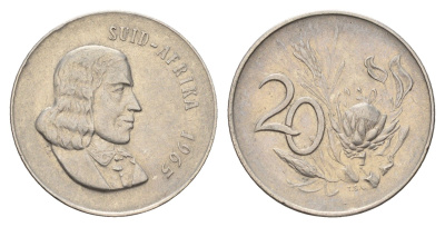 ЮАР 20 центов 1965 Ян ван Рибек (1619-1677), Suid Africa, легенда на африкаанс, цветок протея KM 69.2 никель 4671-1033