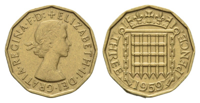 Великобритания 3 пенса 1959 Елизавета II (1952-2022) KM 900, Spink 4153 никель латунь 4121-615