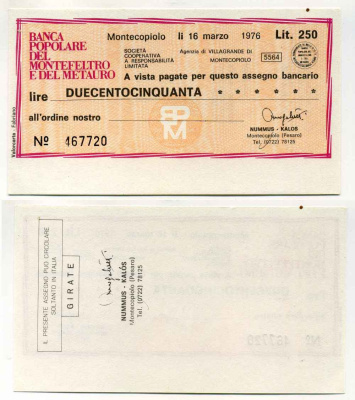 Италия чек на 250 лир 1976 Banca popoLare del Montefeltro e del Metauro, Montecopiolo 16 марта 1976 бумага UNC (пресс) 8588-12-1-1