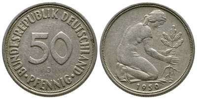 ФРГ 50 ПФЕННИГОВ 1950 J KM 109.1, J. 384 медно-никель 41-1157