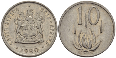 ЮАР 10 ЦЕНТОВ 1980 ГЕРБ, ЦВЕТОК АЛОЭ KM 85 никель 67-422