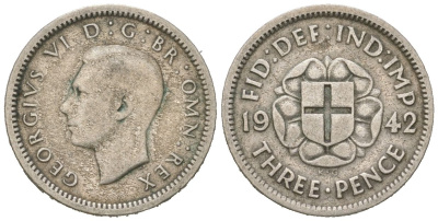 Великобритания 3 пенса 1942 Георг VI (1936-1952) KM 848, Spink 4085 серебро 4618-1028