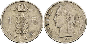 БЕЛЬГИЯ 1 ФРАНК 1954 BELGIE KM 143.1 медно-никель 4546-341