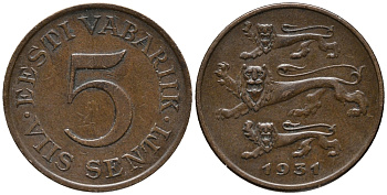 Эстония 5 центов 1931 первая Республика (1918-1941) KM 11 бронза 34-725
