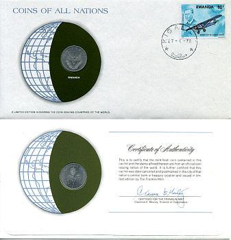 РУАНДА 1 ФРАНК 1977 конверт с маркой первого дня гашения, Coins of Nations KM 12 алюминий UNC 4294-18-2