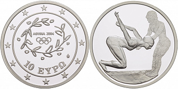Греция 10 евро 2003 XXVIII летние Олимпийские игры 2004 года в Афинах, плавание KM 200 серебро PROOF 01-171-15