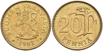 ФИНЛЯНДИЯ 20 ПЕННИ 1982 K KM 47 алюминиевая бронза 4563-332