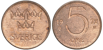 Швеция 5 эре 1972 Густав VI Адольф (1950-1973) KM 845 бронза 4609-1027