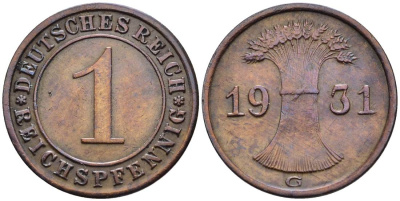 ГЕРМАНИЯ 1 РЕЙХСПФЕННИГ 1931 G KM 37, J. 313, Weege 2 бронза 4547-159