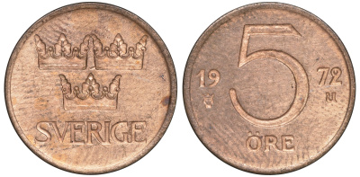 Швеция 5 эре 1972 Густав VI Адольф (1950-1973) KM 845 бронза 4609-1027