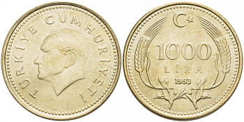 Турция 1000 лир 1993 Кемаль Ататюрк KM 997 медь никель цинк  4402-1037
