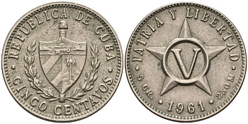 Куба 5 сентаво 1961 звезда, республика (1915-1961) KM 11.3 медно-никель 106-245