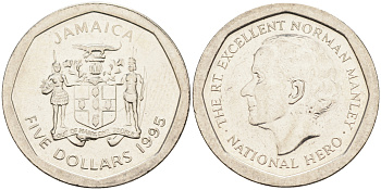 ЯМАЙКА 5 ДОЛЛАРОВ 1995 НОРМАН МЭНЛИ KM 163 сталь 4592-241