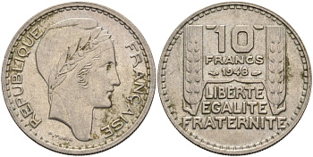 Франция 10 франков 1948 тип Пьер Турин KM 909.1, Le Franc 362.3 медно-никель 4590-736