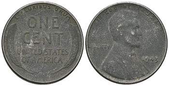 США 1 цент 1943 Авраам Линкольн KM 132 a сталь покрытая цинком 214-724