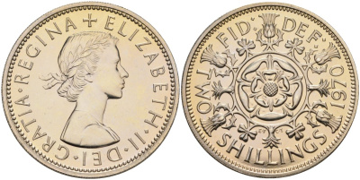 Великобритания 2 шиллинга (флорин) 1970 Елизавета II (1952-2022) KM 906, Spink 4146 медно-никель PROOF 1517-545