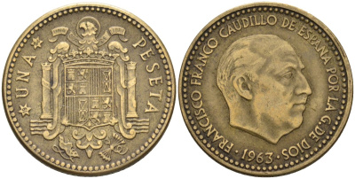 Испания 1 песета 1963 (64) Франсиско Франко (1939-1975) KM 775 алюминиевая бронза 4604-335