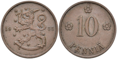 Финляндия 10 пенни 1935 республика (1918-1962) KM 24 медь 4563-616