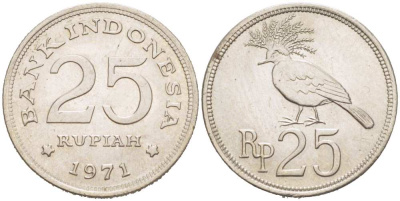 Индонезия 25 рупий 1971 венценосный голубь KM 34 медно-никель 217-436