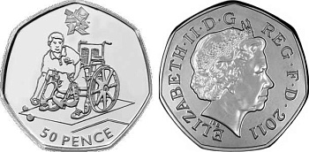 Великобритания 50 пенсов 2011 XXX летние Олимпийские игры в Лондоне в 2012 году, бочча, в оригинальном картонном буклете, с Олимпийской голограммой (6/29) KM 1189 медно-никель  UNC  3-6-6-21