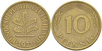 ФРГ 10 ПФЕННИГОВ 1971 D KM 108, J. 383 сталь плакированная латунью 4182-821