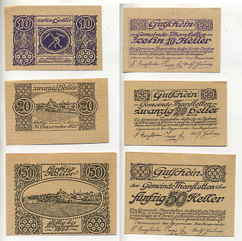 Австрия набор из 3 банкнот 1920 до 31 декабря 1920, нотгельд, 10, 20, 50 геллеров, THANSTETTEN   бумага  aUNC  7555-1-1-1