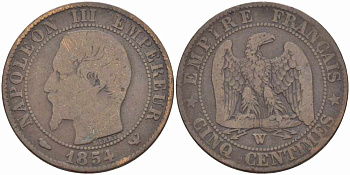 ФРАНЦИЯ 5 САНТИМОВ 1854 W, НАПОЛЕОН III (1852-1870) KM 777.7, LE FRANC 116.15 бронза 108-256