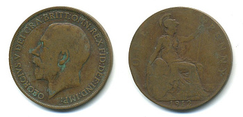 Великобритания 1 пенни 1912 Георг V (1910-1936) KM 810, Spink 4051 бронза 4110-114