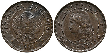Аргентина 1 сентаво 1891 голова свободы влево KM 7 бронза 4525-1042