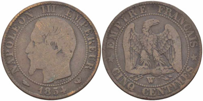 ФРАНЦИЯ 5 САНТИМОВ 1854 W, НАПОЛЕОН III (1852-1870) KM 777.7, LE FRANC 116.15 бронза 108-256