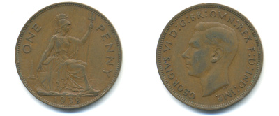 Великобритания 1 пенни 1939 Георг VI (1936-1952) KM 845, Spink 4114 бронза 89-145