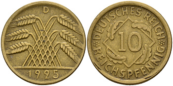Германия 10 рейхспфеннигов 1925 D J. 317, KM 40 алюминиевая бронза    4603-811