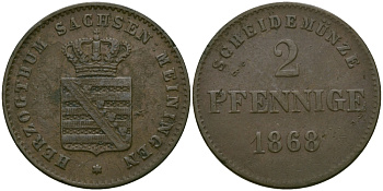 Саксен-Мейнинген 2 пфеннига 1868 Георг II (1866-1914) KM 174 медь 99-659